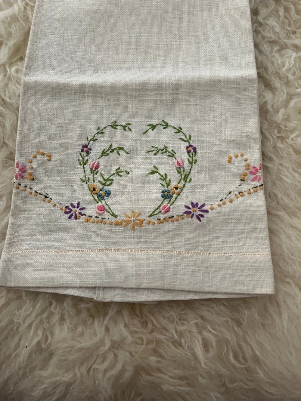 Embroidered Floral Linen Towel in White with Multicolor Flowers
